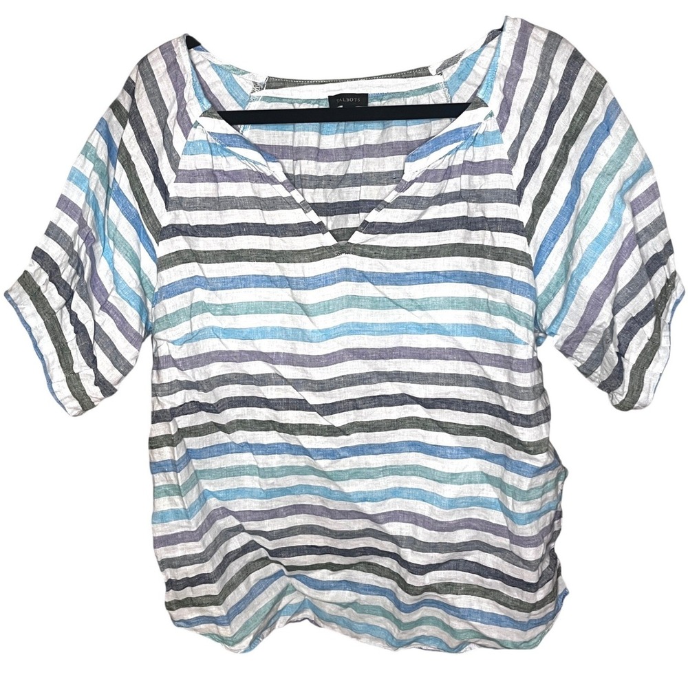 Talbots Womens Blue Multi Stripe 100% Linen Split V-Neck Top Size M Coastal